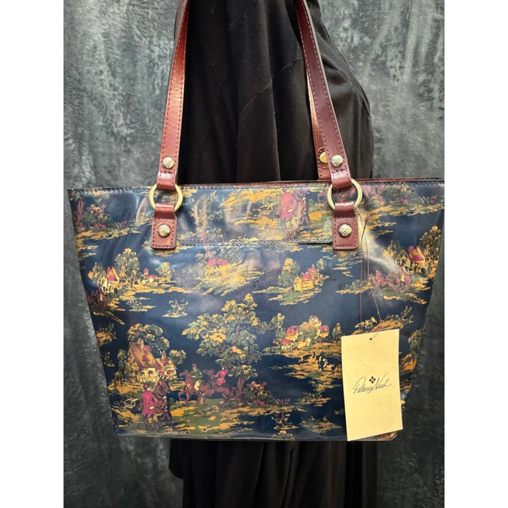 Patricia Nash Navy Tote with Brown Leather Handles and Scenic Gold & Pink Print - Picture 2 of 15